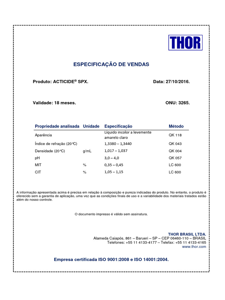 Especificação do Produto ACTICIDE® SPX | PDF