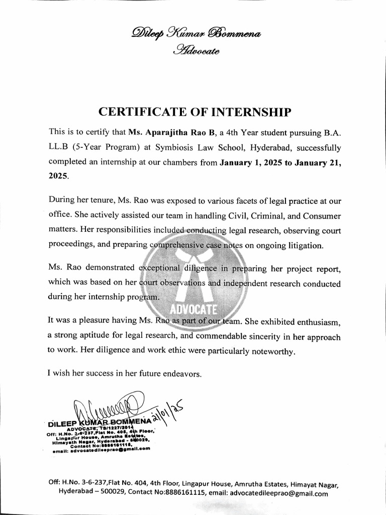 Internship Certificate for Law Student | PDF