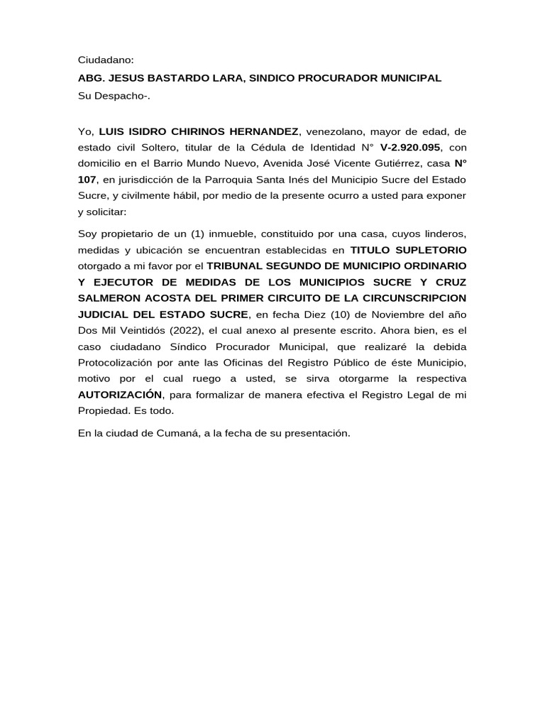Solicitud de Autorización al Síndico Municipal | PDF