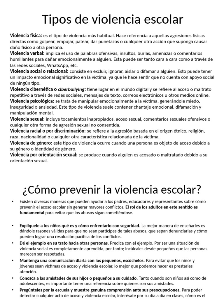 Tipos de violencia escolar explicados | PDF | Violencia | Acoso sexual