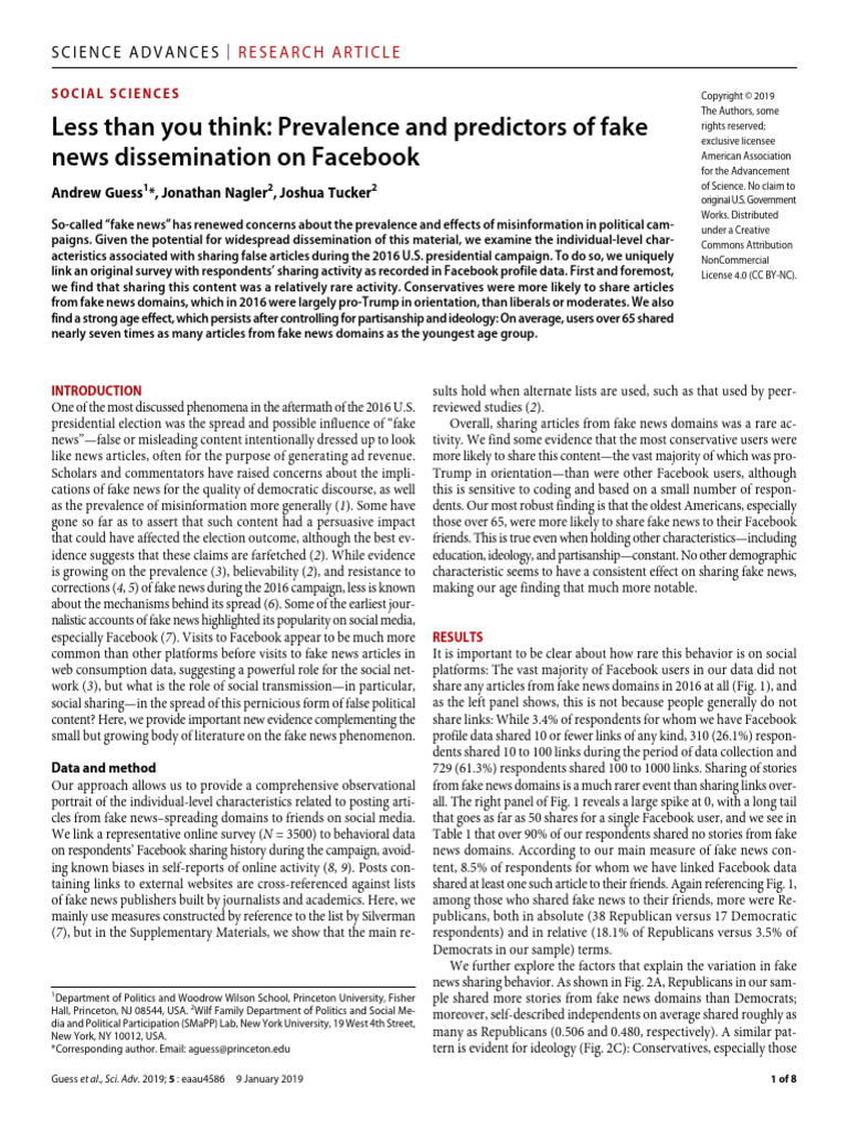 Guess - Et Al - 2019 - Prevalence and Predictors of Fake News ...