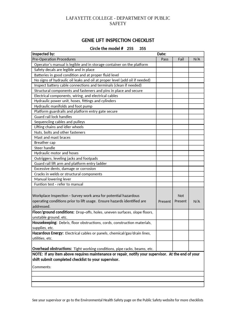 Genie Lift Inspection Checklist | PDF