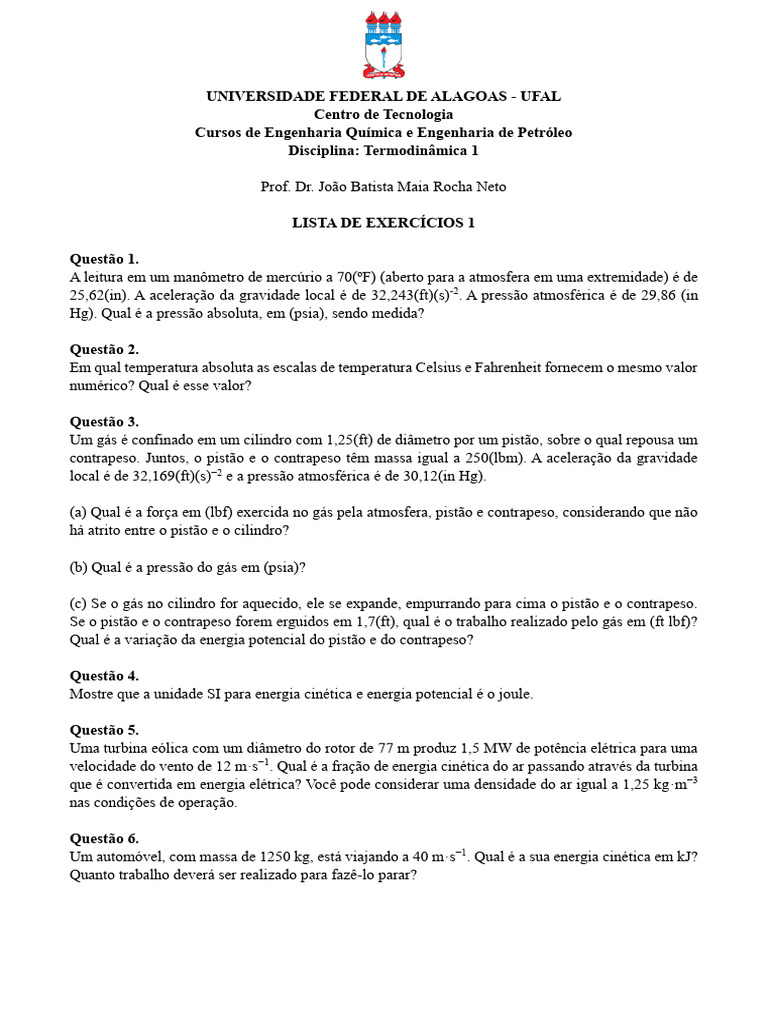 Lista de Exerccios 1 - Termodinmica 1 | PDF | Pressão | Temperatura