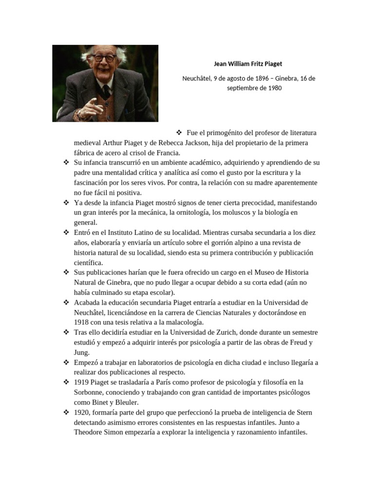 Biografía de Jean Piaget y su legado | PDF | Ciencias del ...