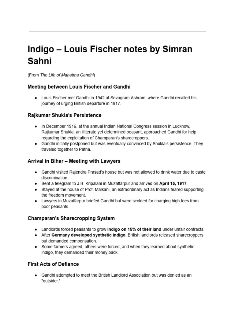 Indigo - Louis Fischer Notes by Simran Sahni | PDF | Mahatma Gandhi ...