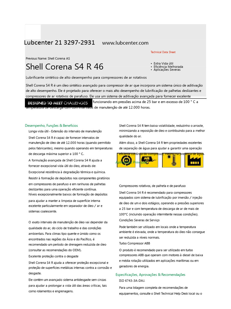Lubrificante Shell Corena S4 R 46 para Compressores | PDF | Óleo de ...