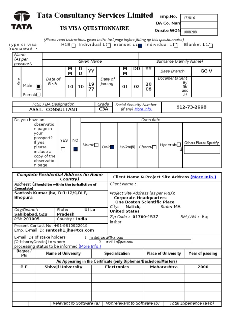US Visa Questionnaire - 19.02.10 - L1B | H 1 B Visa | Travel Visa