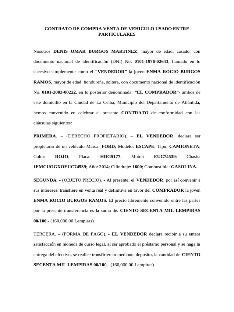 Contrato de Compra Venta Vehículo Usado | PDF