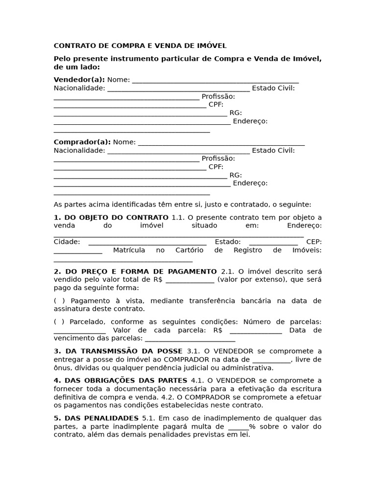 Contrato de Compra e Venda de Imóvel - Modelo | PDF