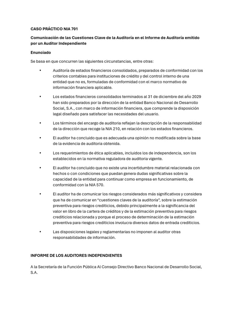 Auditoría de Riesgos Crediticios NIA 701 | PDF | Auditoría | Contralor