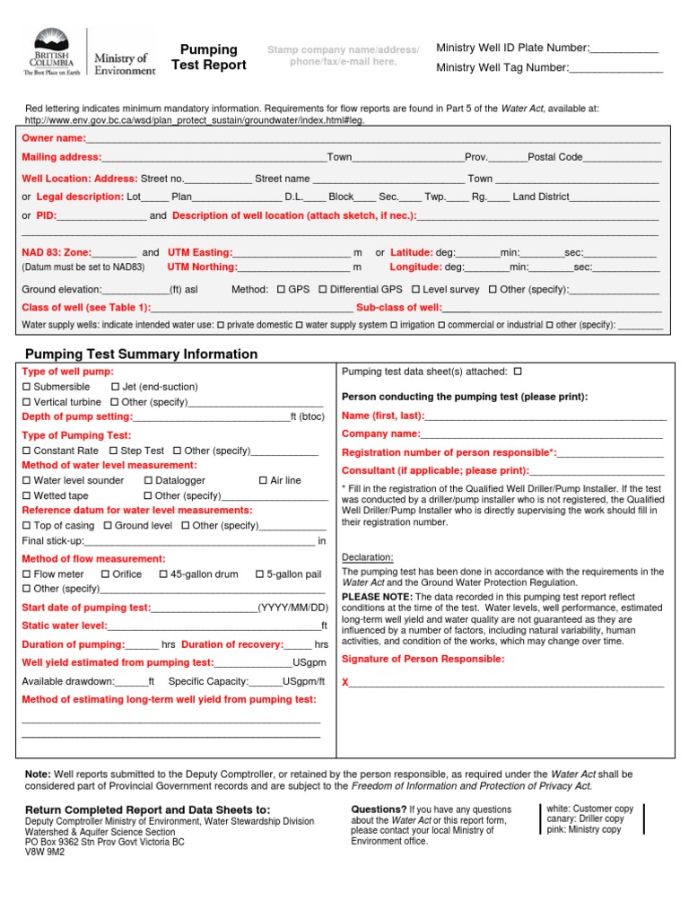 Pumping Test Form | PDF | Hydrology | Nature