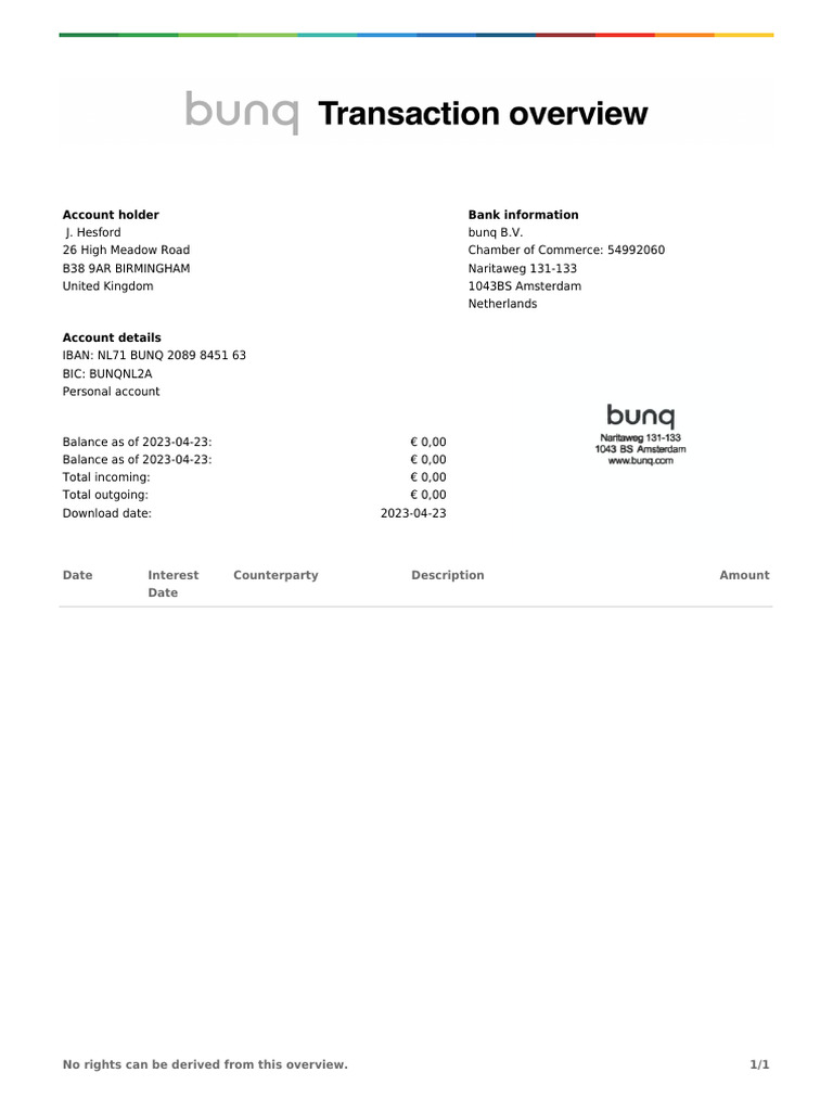 Bank Account Overview for J. Hesford | PDF