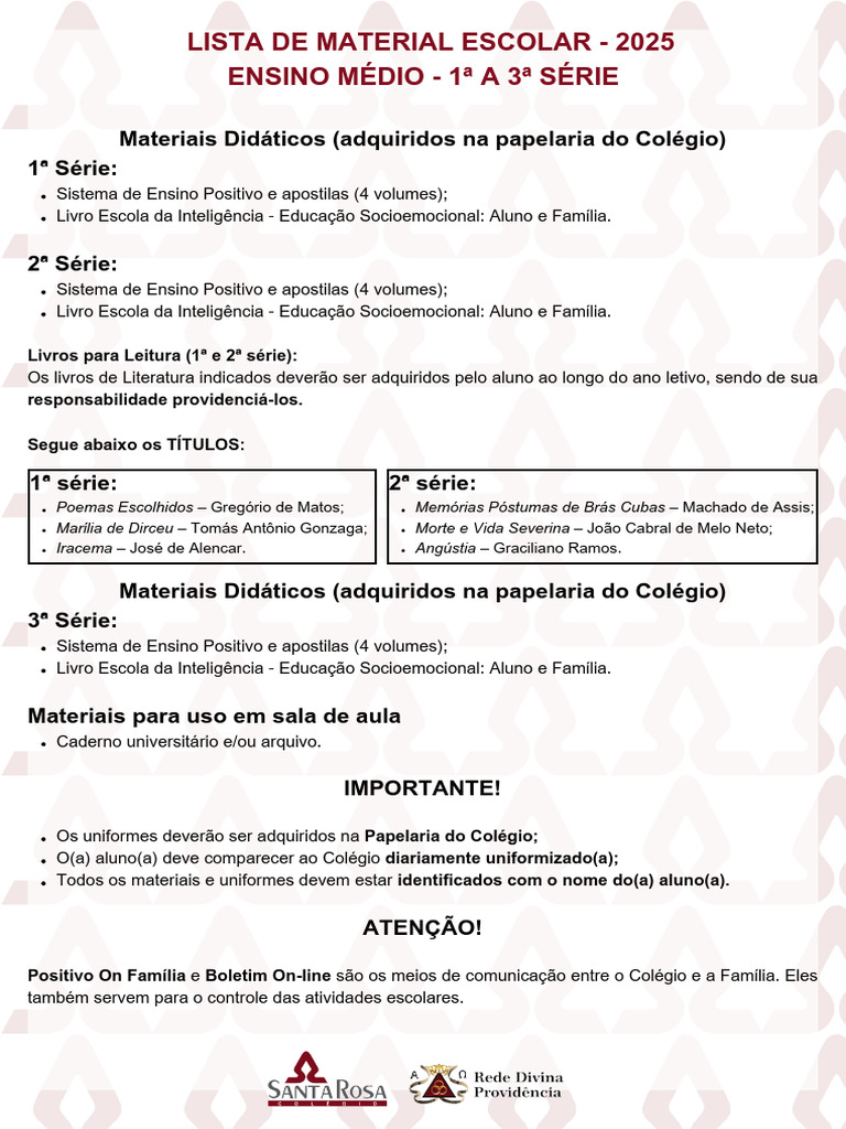 Lista de Material - Ensino Médio - 1 A 3 Série | PDF