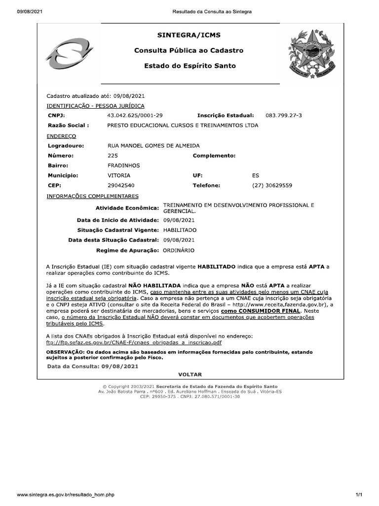 Sintegra Presto Educacional | PDF