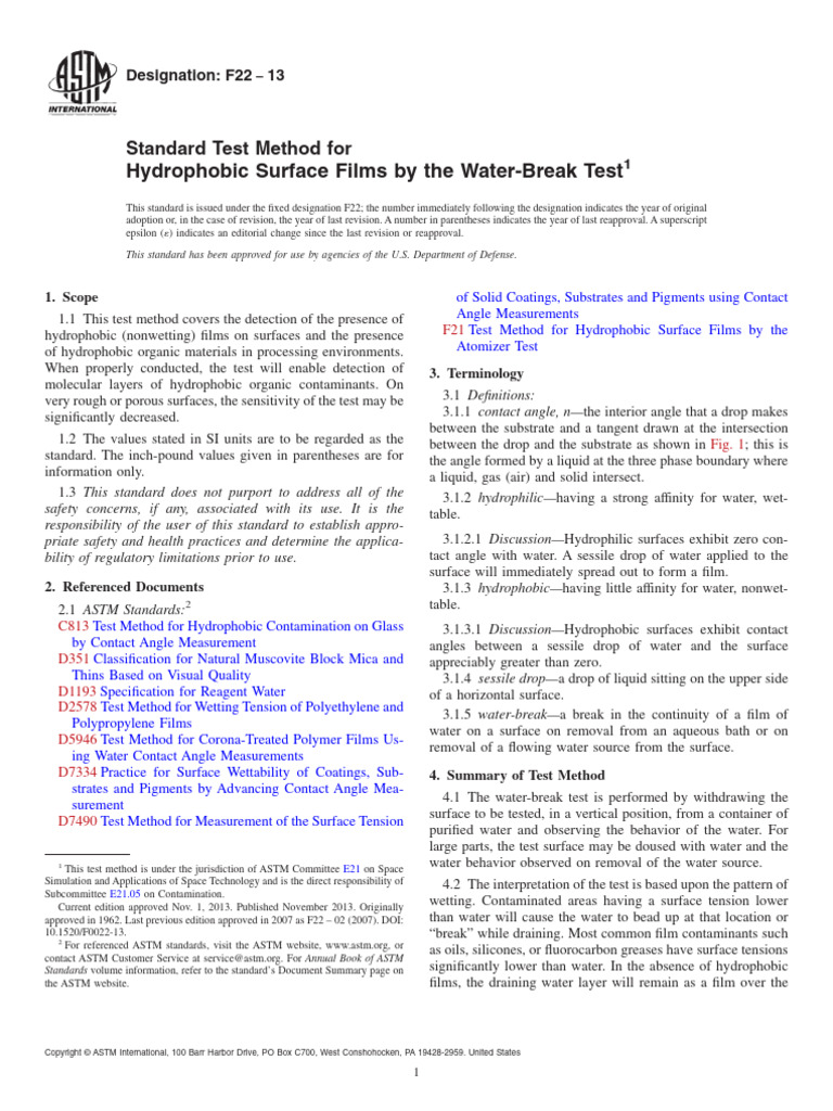Water-Break Test for Hydrophobic Films | PDF | Hydrophobe | Chemistry