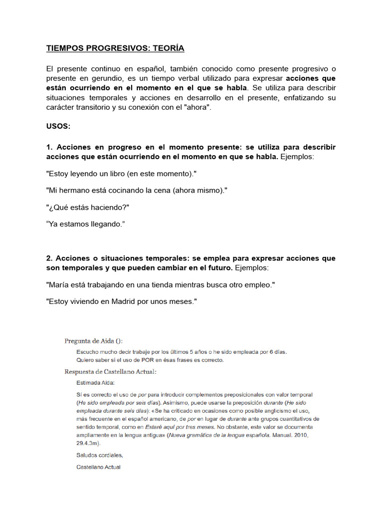 Usos del Presente Progresivo en Español | PDF