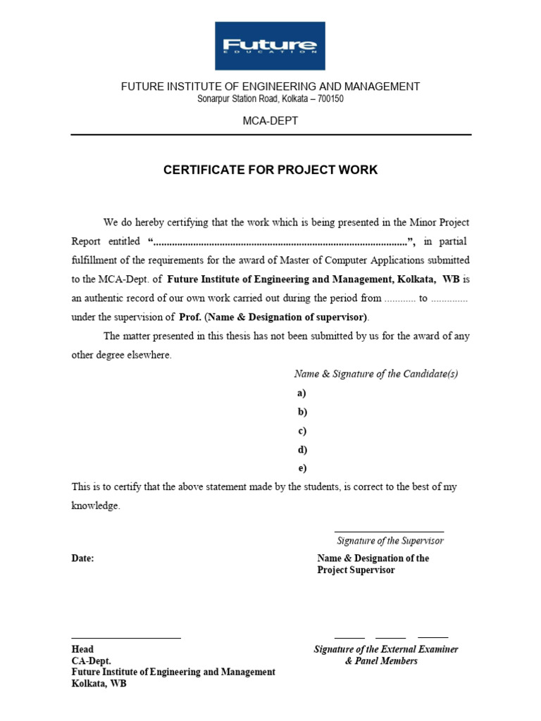 Certificate for MCA Project Work | PDF