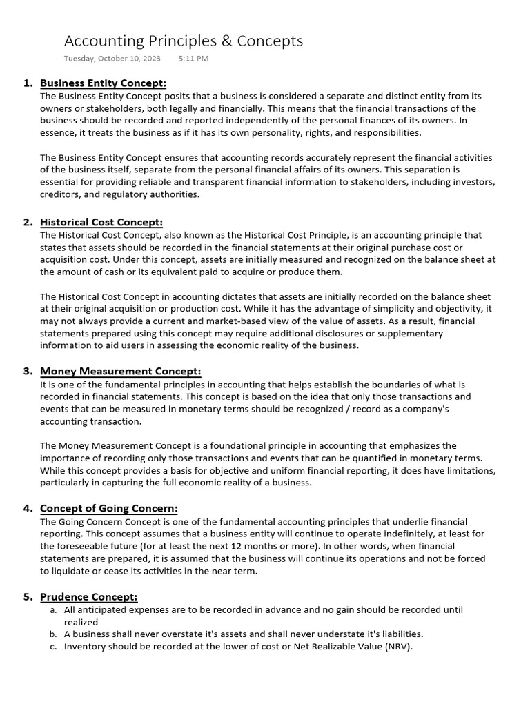 Accounting Principles & Concepts | PDF | Historical Cost | Going Concern