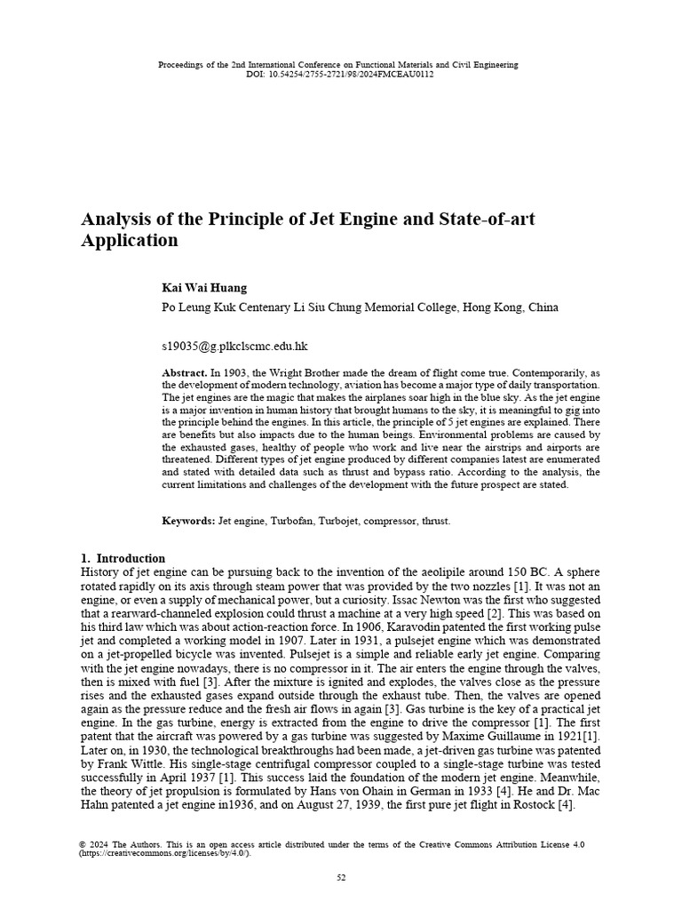 Analysis of The Principle of Jet Engine and State-Of-Art Application ...