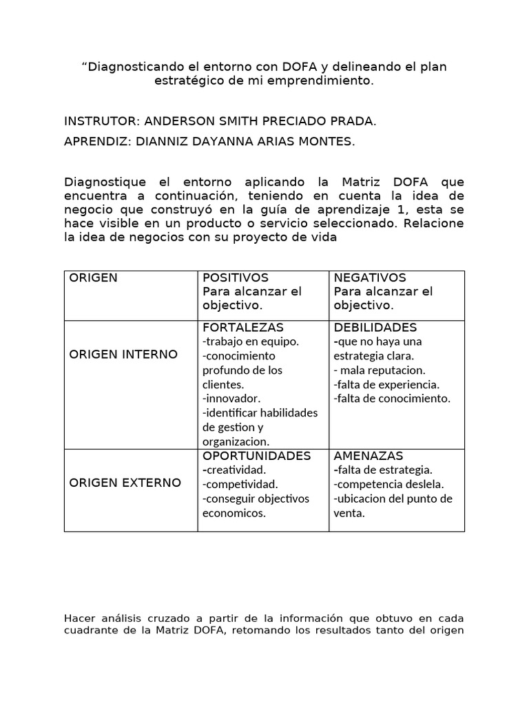 Plan Estratégico y Análisis DOFA Emprendedor | PDF | Análisis FODA ...