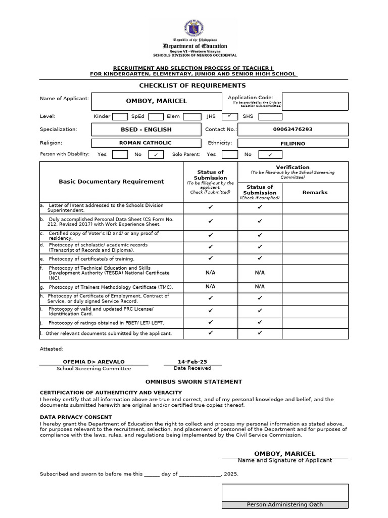 Teacher I Requirements Checklist | PDF