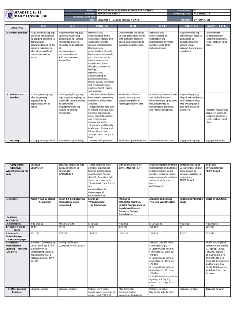 Grade 2 Daily Lesson Log Overview | PDF