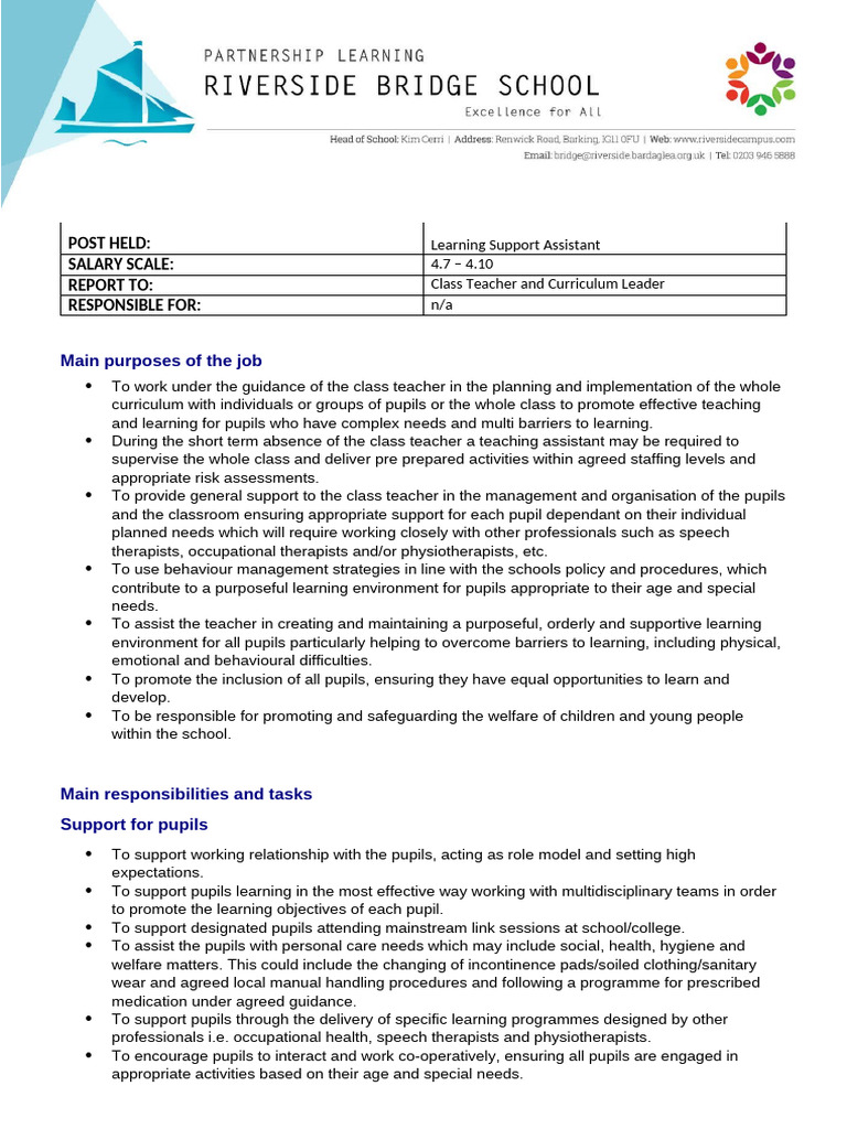 Learning Support Assistant Job Description | PDF | Teachers | Curriculum