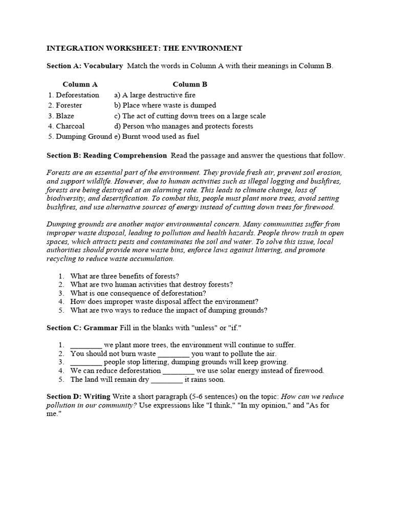 Environmental Integration Worksheet | PDF