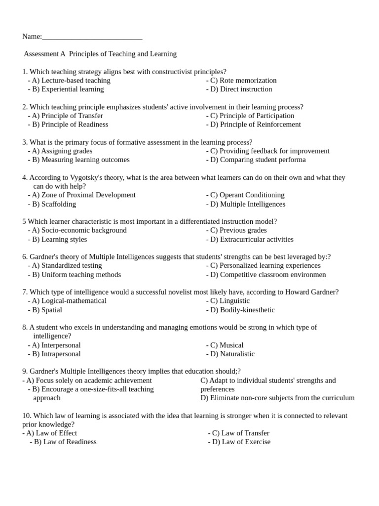 Assessment A Principles of Teaching and Learning | PDF | Constructivism ...