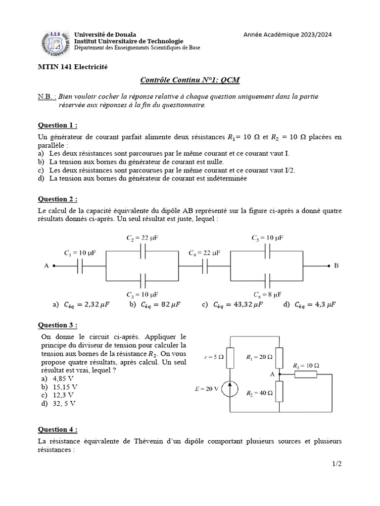 QCM Électricité - Contrôle Continu MTIN 141 | PDF | Tension électrique ...
