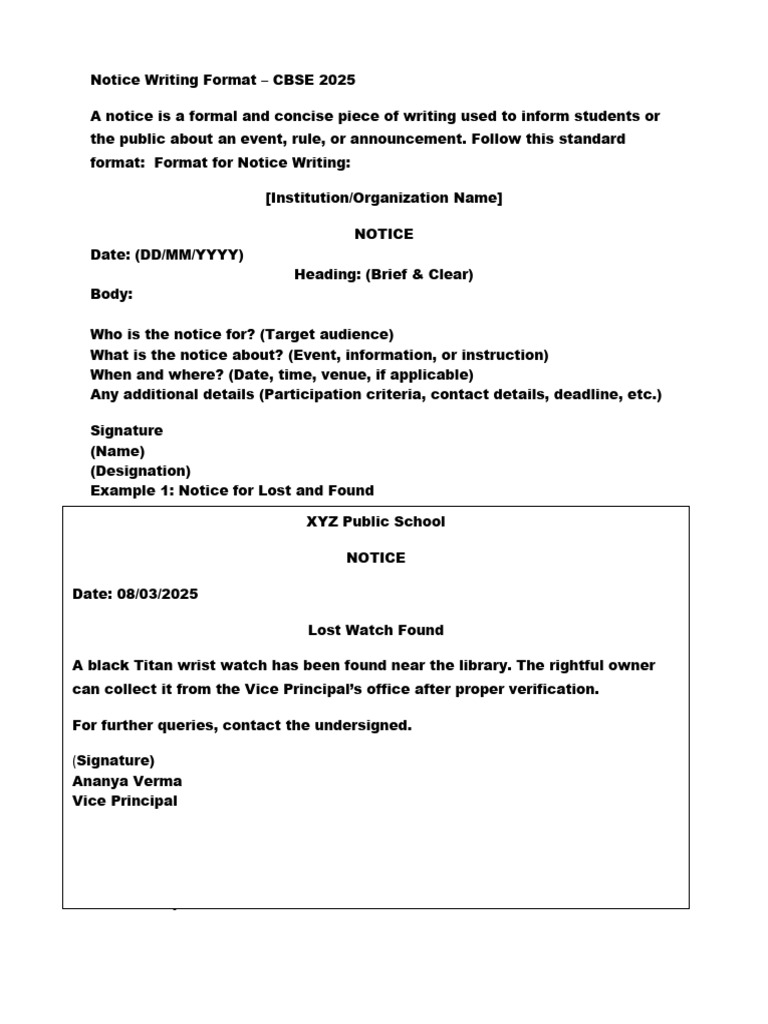 Notice Writing Format for CBSE 2025 | PDF | Letter To The Editor | Traffic