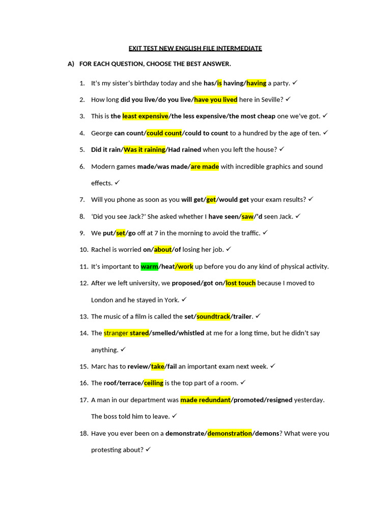 English Exit Test: Intermediate Level | PDF
