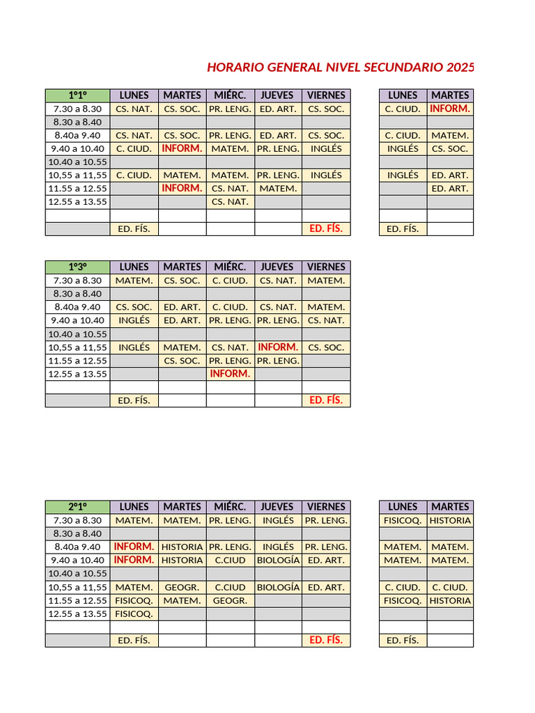 Horario Secundaria 2025 | PDF