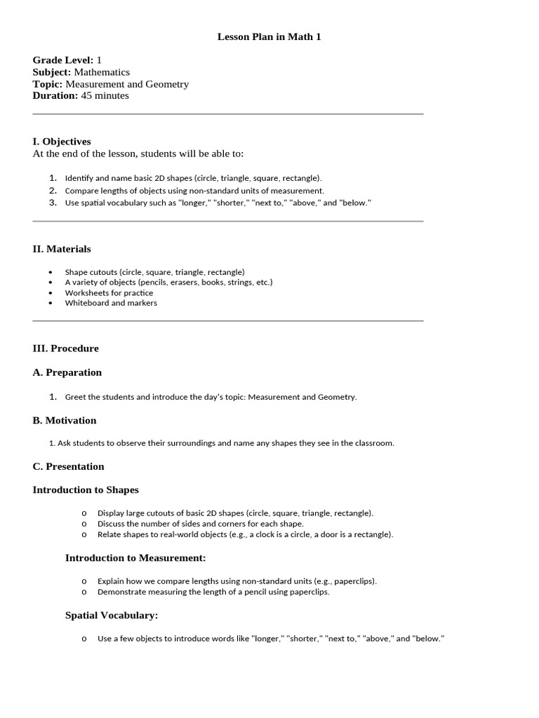 Lesson Plan in Math 1 | PDF