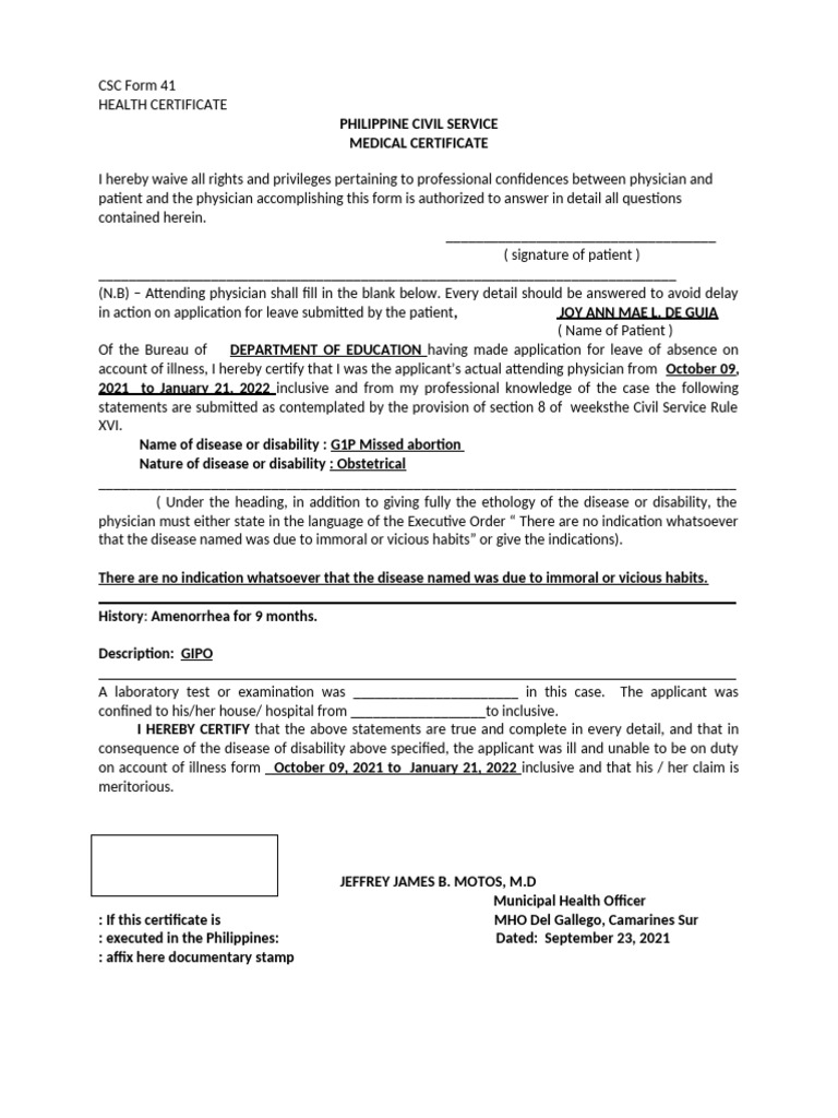 Philippine Civil Service Health Certificate | PDF | Health Sciences ...