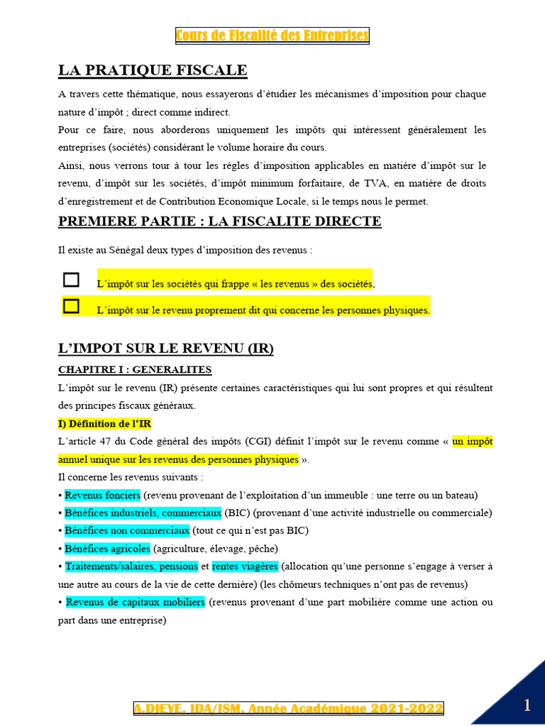 Fiscalité des Entreprises au Sénégal | PDF | Impôt sur le revenu | Impôts