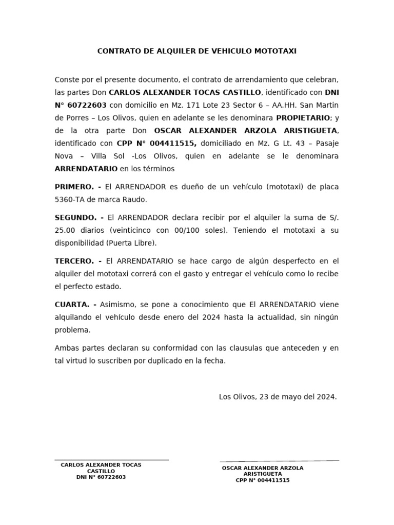 Contrato de Alquiler de Mototaxi | PDF