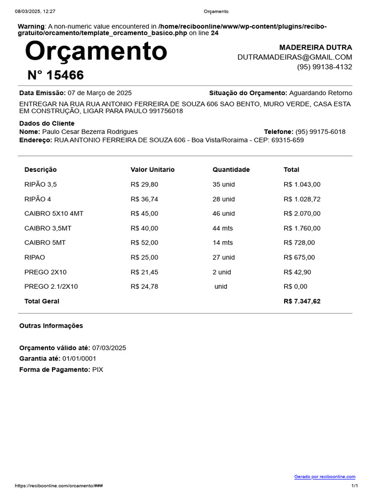 Orçamento Online: Madereira Dutra | PDF