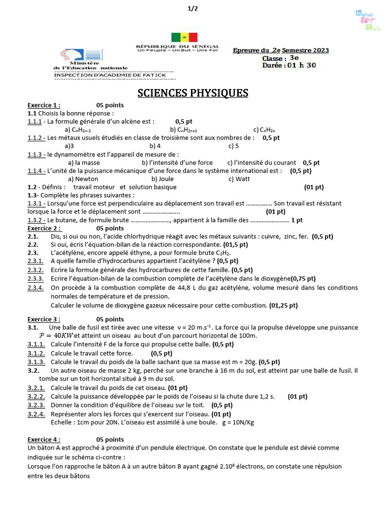 Exercice de physique : concepts et calculs | PDF | Chimie | Sciences ...