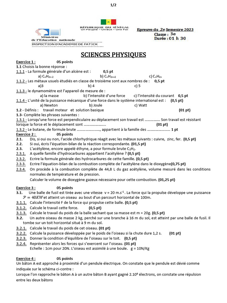 Exercice de Sciences Physiques: Concepts Clés | PDF | Chimie | Sciences ...