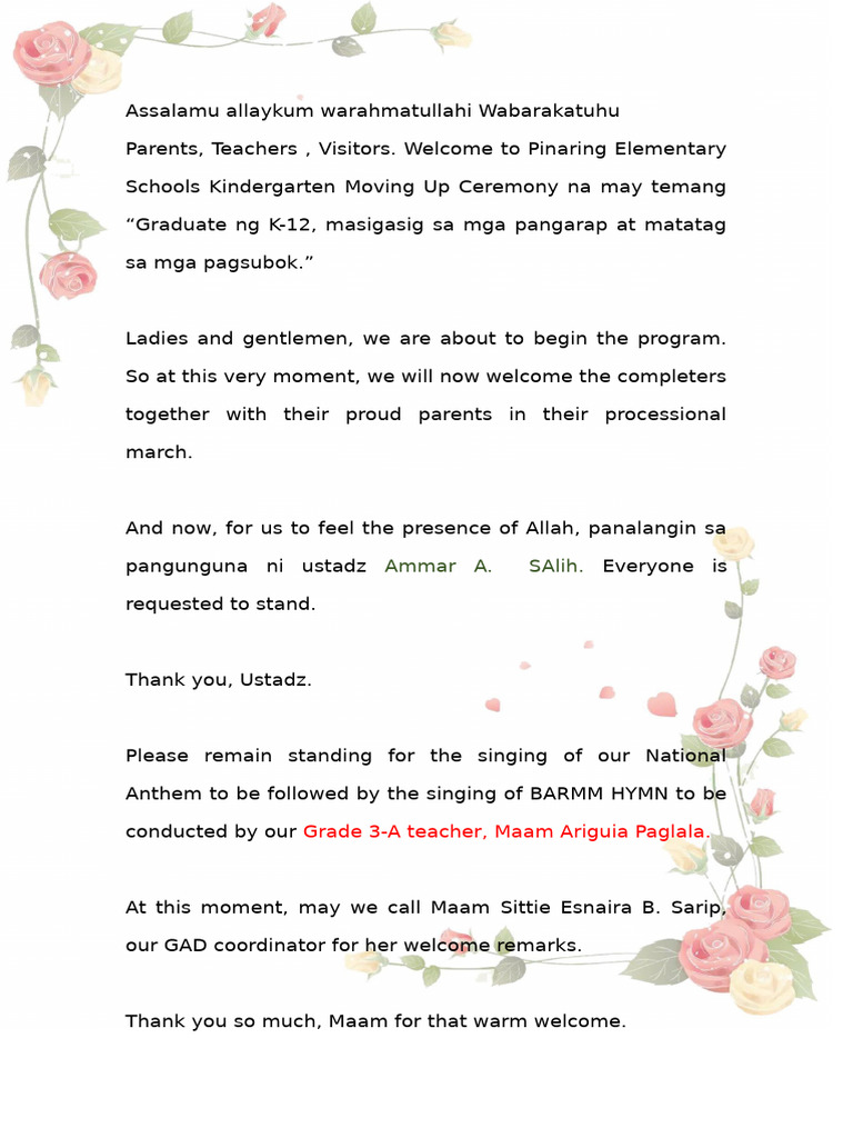 Kindergarten Moving Up Ceremony Script | PDF