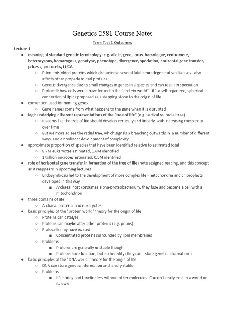 Genetics 2581 Course Notes | PDF | Genome | Chloroplast