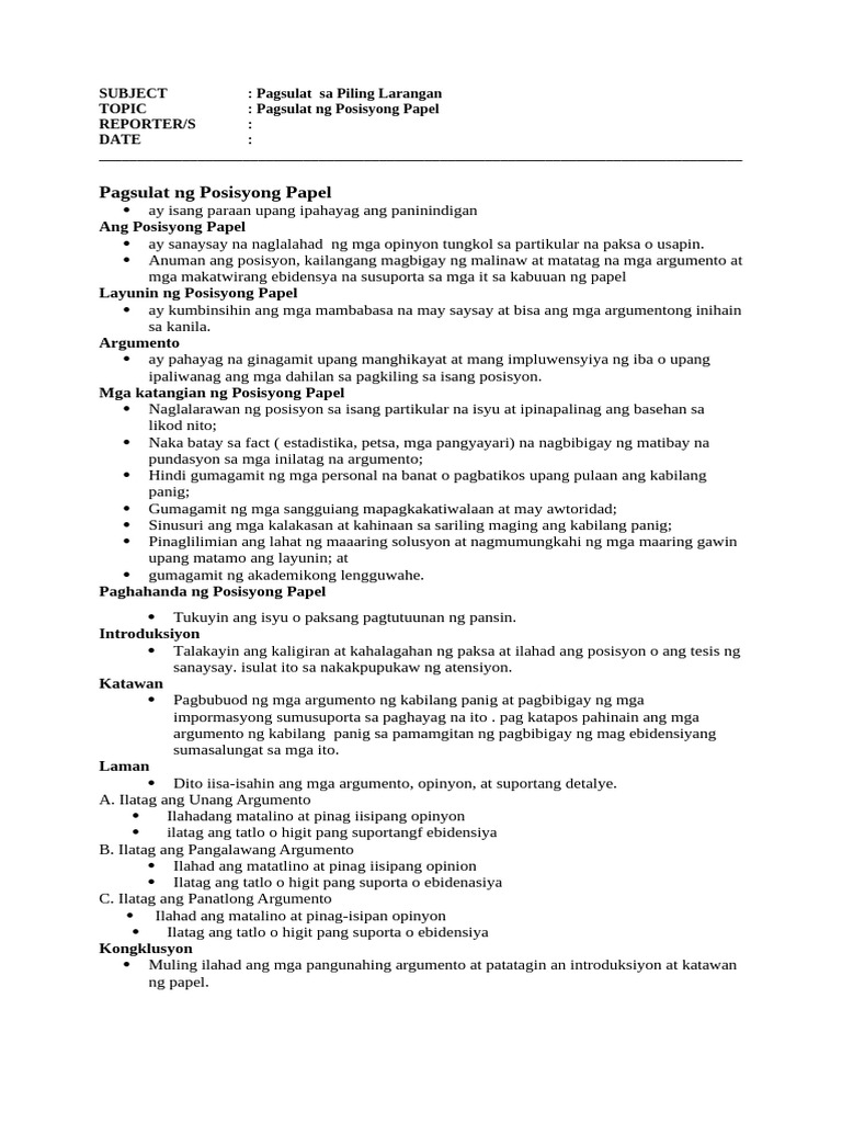 TOPIC : Pagsulat NG Posisyong Papel (Handouts) | PDF