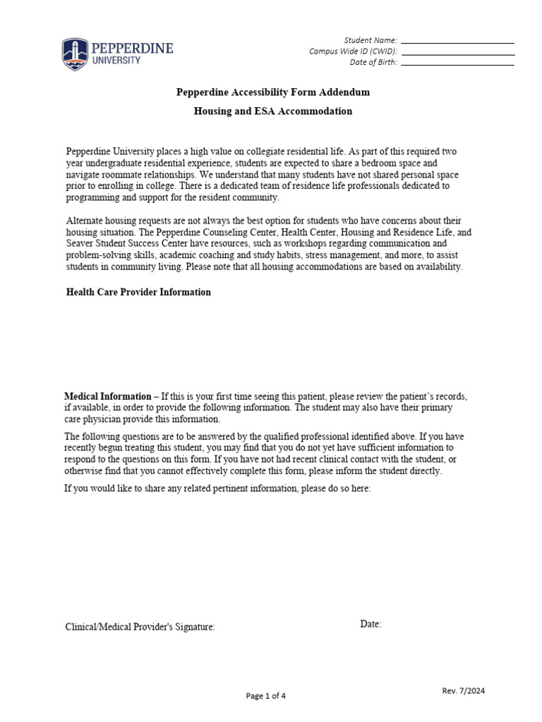 Pepperdine Housing & ESA Form Guide | PDF | Disability | Medicine
