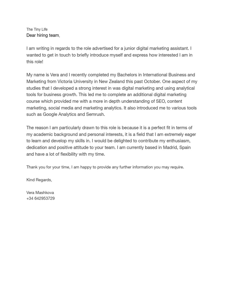 Cover Letter - The Tiny Life | PDF