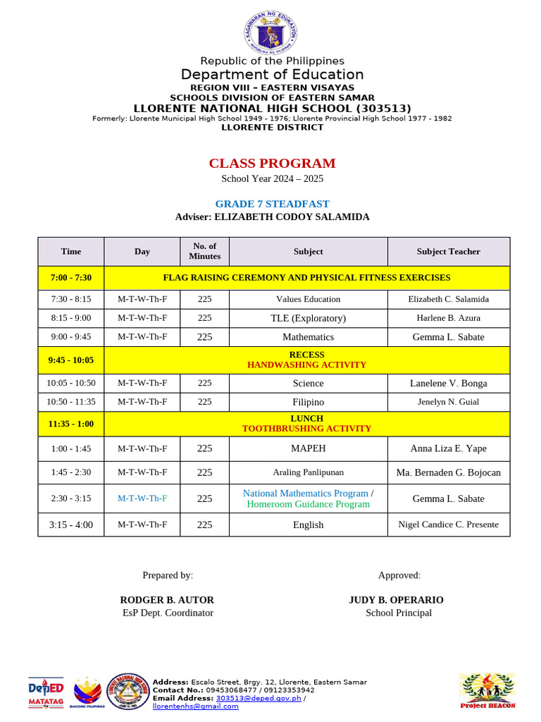 Class program teachers program template pdf