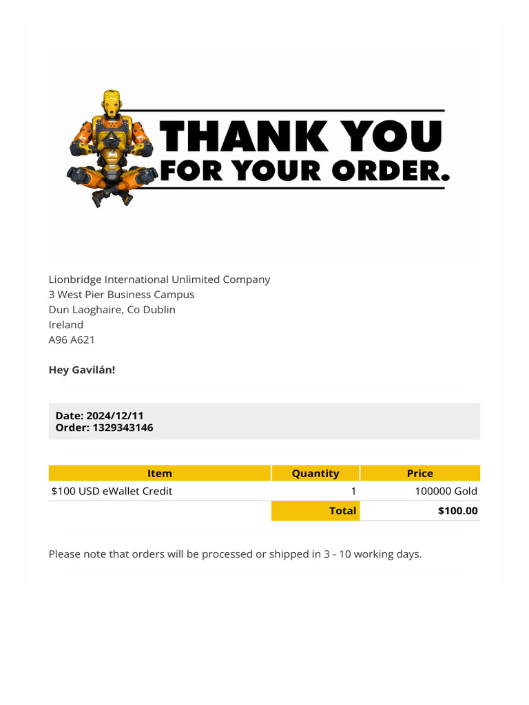 eWallet Credit Order Confirmation | PDF