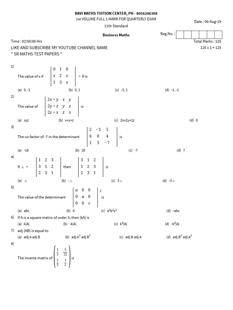 11th Business Maths One Mark Questions | PDF | Euclid | Euclidean Plane ...