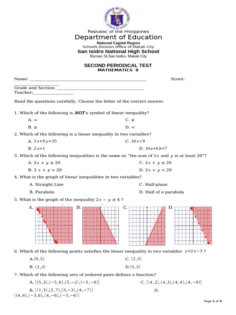 Math 8 Second Periodical Test Guide | PDF | Mathematics