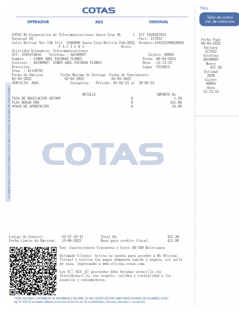 Codigo de Control: 44-27-1D-41 Total Bs. 457.30 Fecha Limite de Emision ...